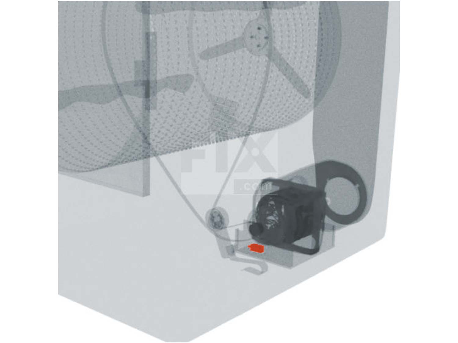 A 3D diagram showing the components of a dryer and specifying the location of the belt break switch