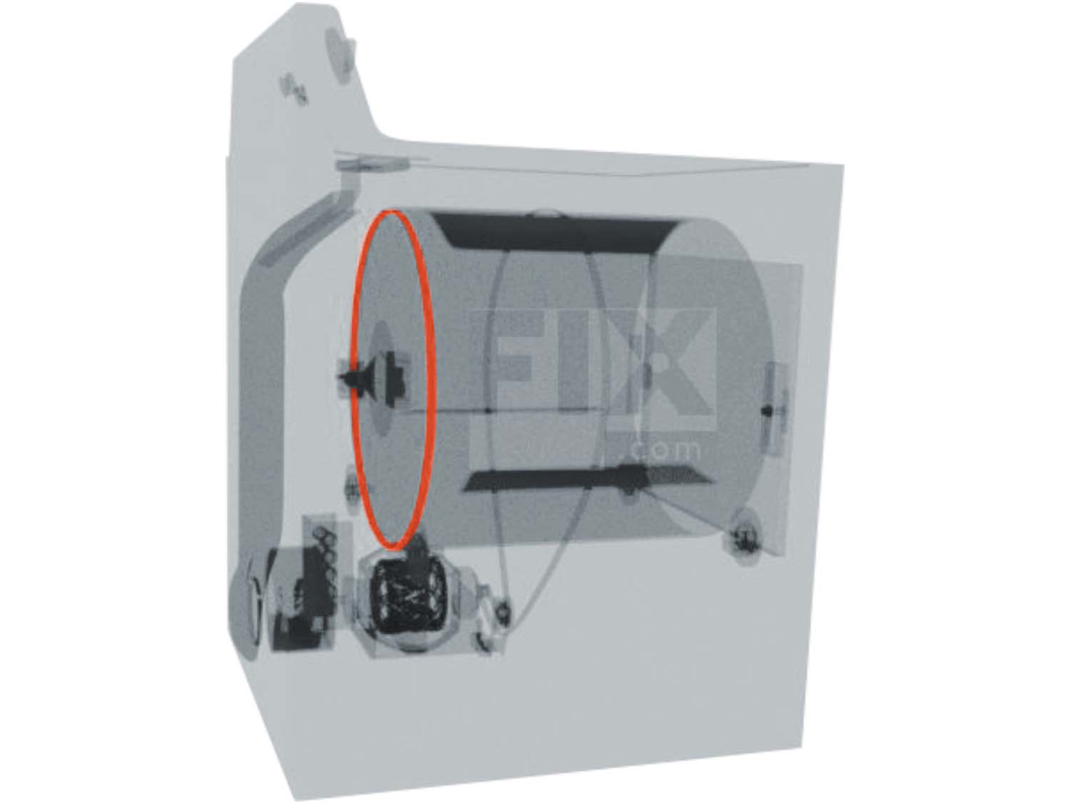 A 3D diagram showing the components of a dryer and specifying the location of the drum seal