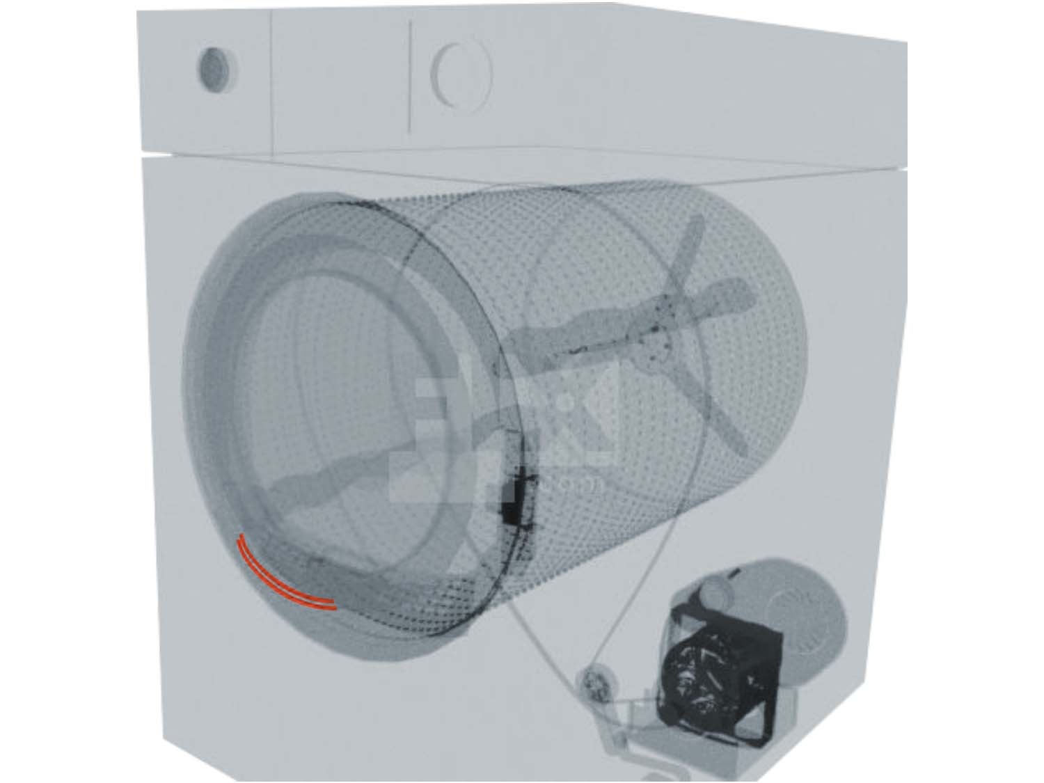A 3D diagram showing the components of a dryer and specifying the location of the moisture sensor bars