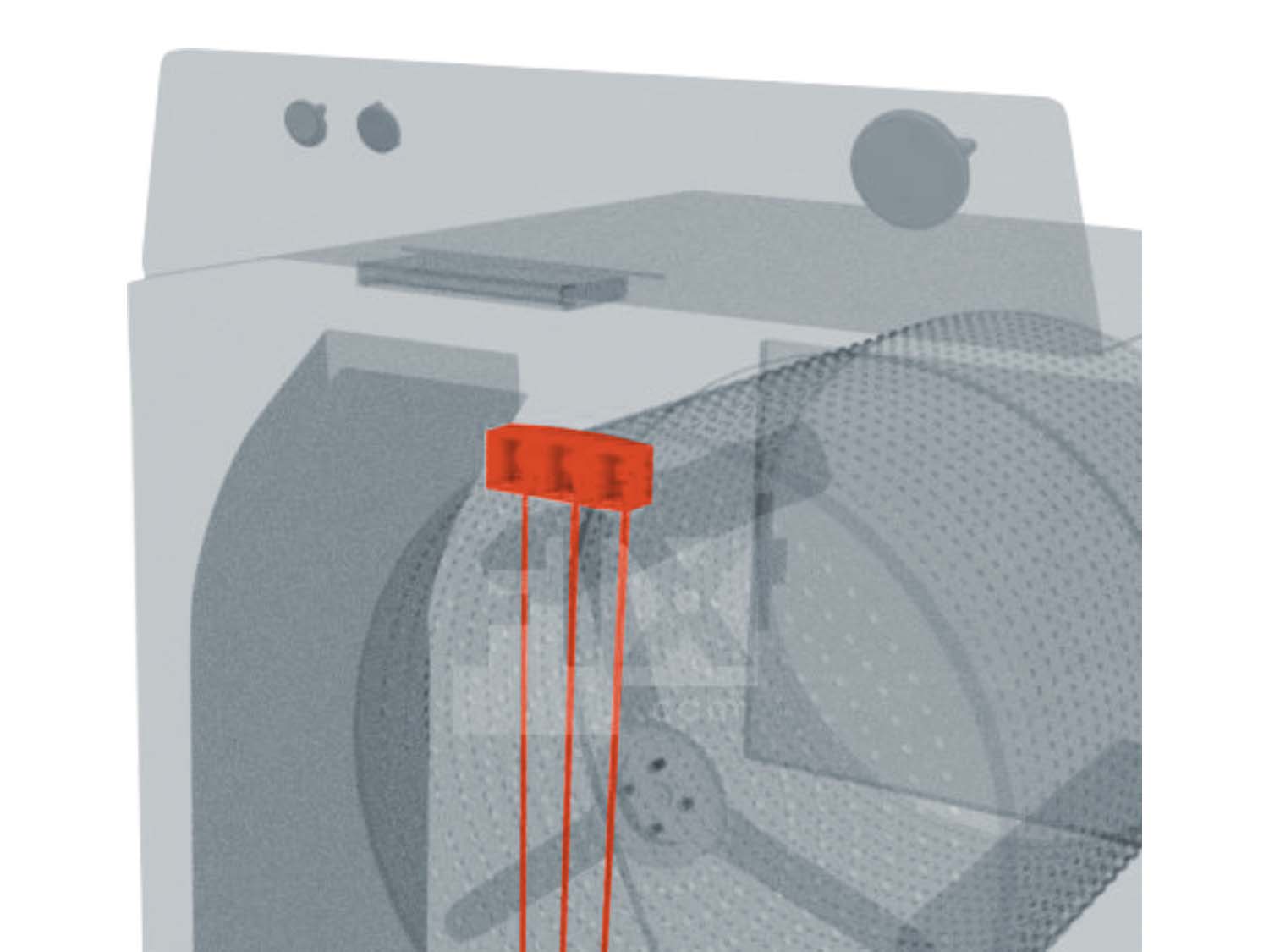 A 3D diagram showing the components of a dryer and specifying the location of the terminal block