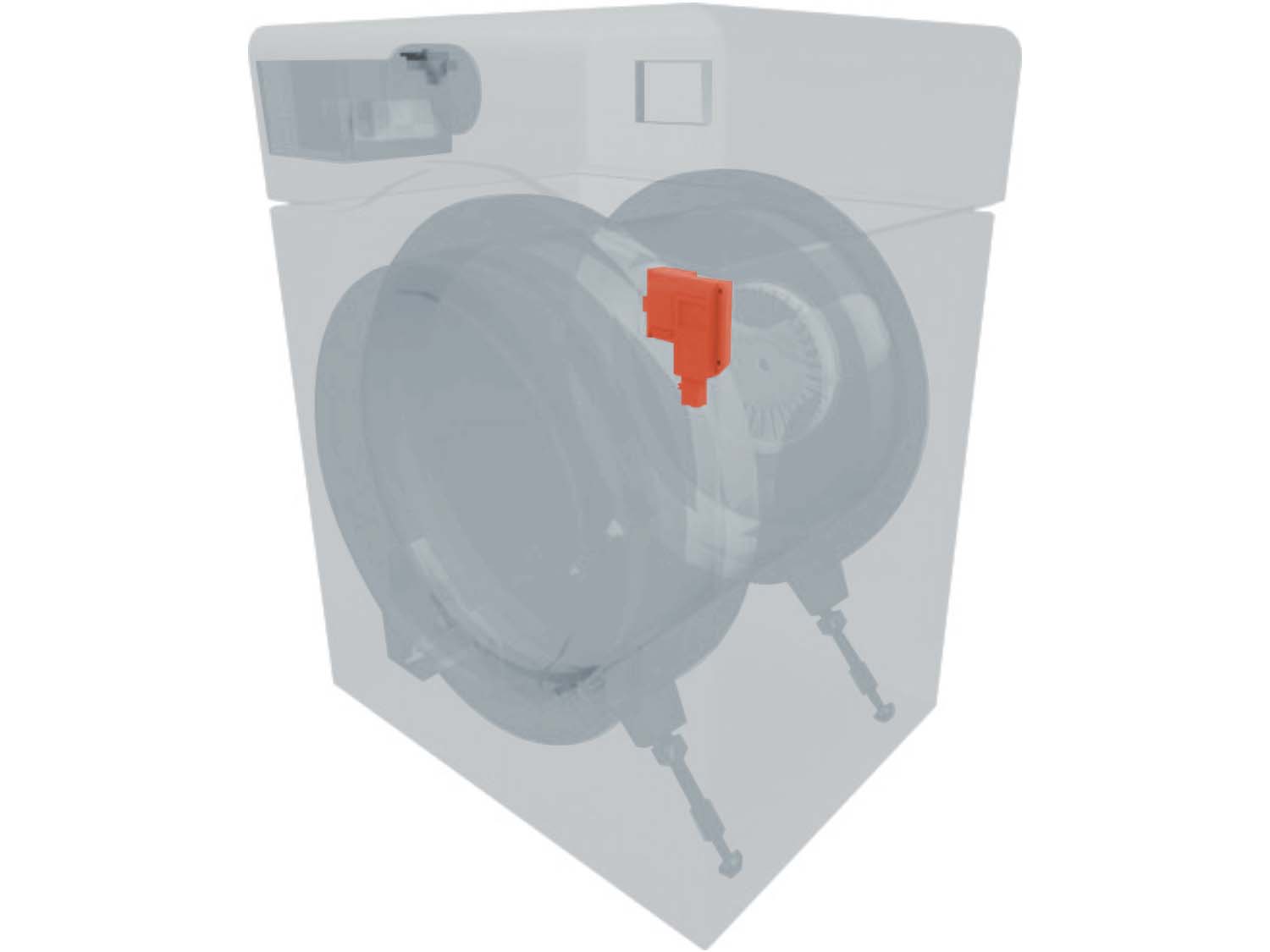 A 3D diagram showing the components of a washer and specifying the location of the door lock switch